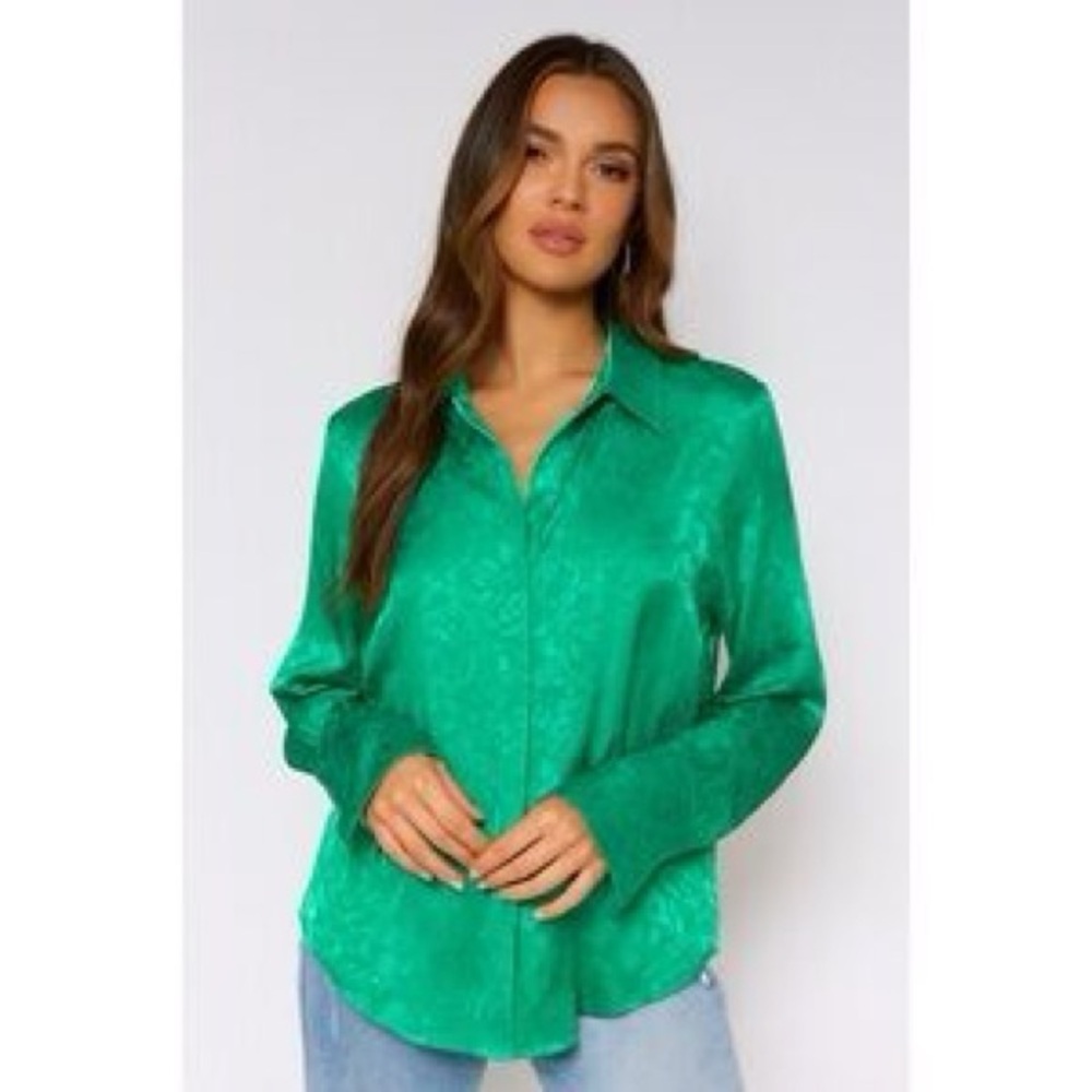 12th Tribe St Barths Emerald Green Jacquard Satin Button Down Blouse Small